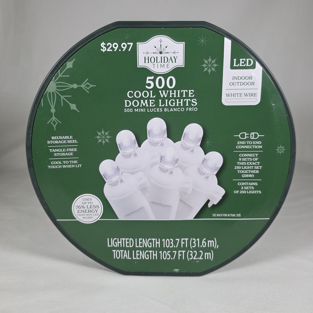 Holiday Time 500-Count Cool White LED Dome Christmas String Lights White Cord